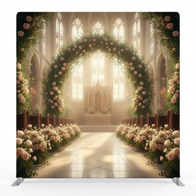 Cathedral Rose Dawn pillowcover backdrop by True Backdrops featuring a soft pink floral design on fabric.