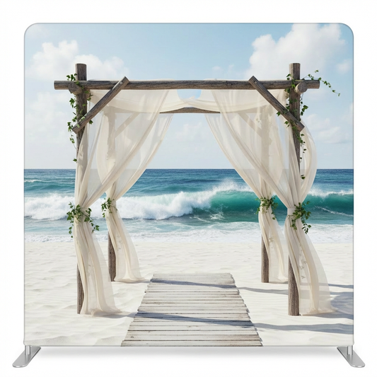 Serene shoreline wedding pillowcover backdrop by True Backdrops, featuring a peaceful beach scene with soft waves and sandy tones.
