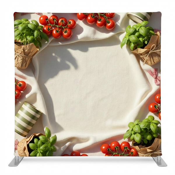 Sicilian Summer Kitchen pillowcover backdrop by True Backdrops featuring vibrant Mediterranean kitchen scene design.