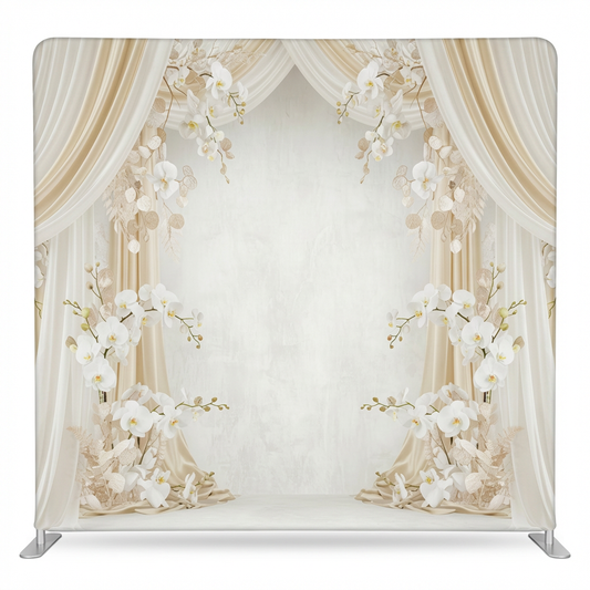 Ivory silk orchid pillowcover backdrop with floral design, ideal for elegant home decor and photography backgrounds.