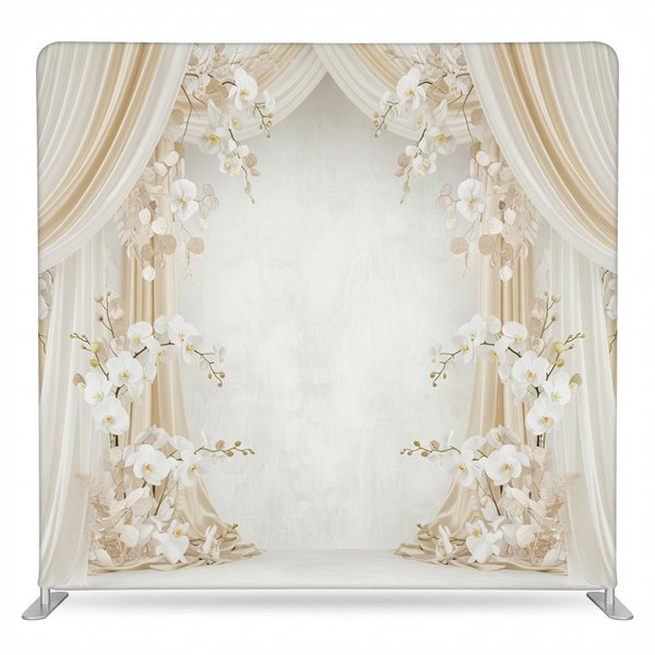 Ivory silk orchid pillowcover backdrop with floral design, ideal for elegant home decor and photography backgrounds.