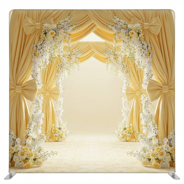 Gilded Primrose Path Pillowcover Backdrop from True Backdrops, featuring a floral design with gold accents and intricate patterns.