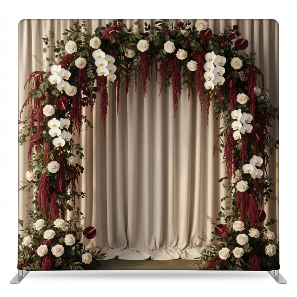 Crimson heirloom pillowcover backdrop from True Backdrops, featuring a rich red fabric with detailed embroidery and textured design.