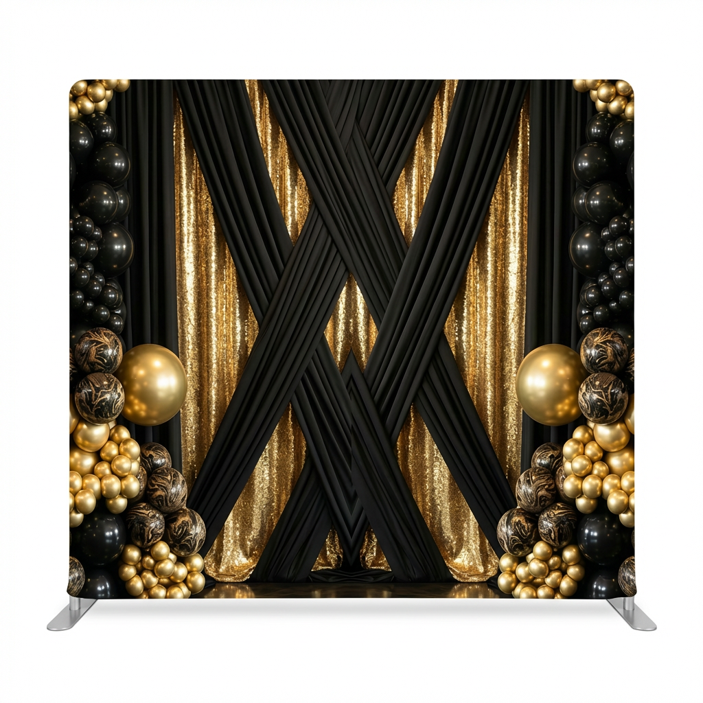 True Backdrops Midnight Gilded Noir Pillowcover Backdrop with luxurious dark fabric and gold accents for elegant decor.