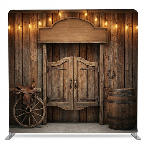Rustic Twilight Saloon Pillowcover Backdrop by True Backdrops featuring vintage western-themed design and cozy, textured fabric.