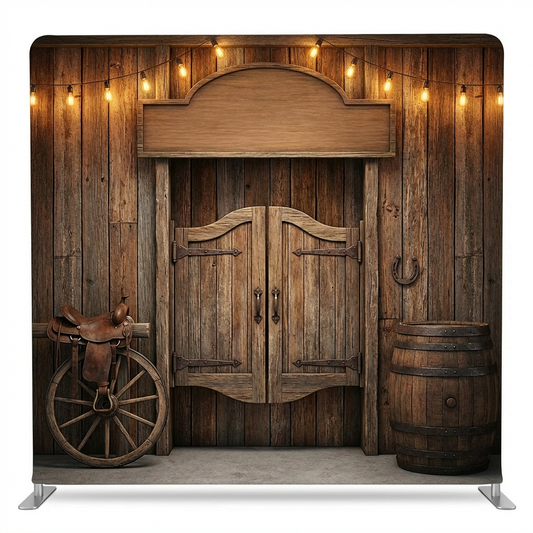 Rustic Twilight Saloon Pillowcover Backdrop by True Backdrops featuring vintage western-themed design and cozy, textured fabric.