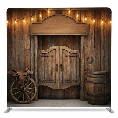 Rustic Twilight Saloon Pillowcover Backdrop by True Backdrops featuring vintage western-themed design and cozy, textured fabric.