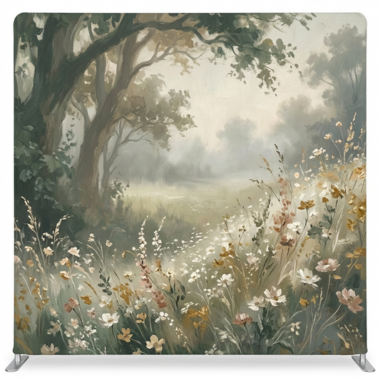 Willow Creek Meadow Pillowcover Backdrop by True Backdrops, featuring a serene meadow scene with soft greenery and floral details.