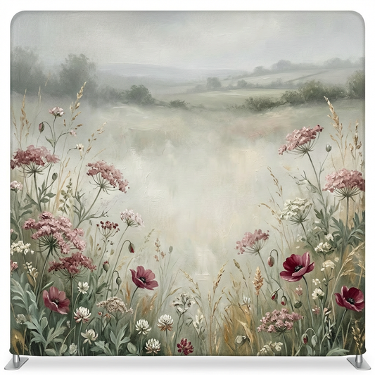 Misty Meadow Reverie pillowcover backdrop by True Backdrops, featuring a serene floral design with soft pastel colors.