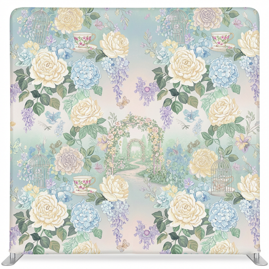 Porcelain tea garden pillowcover backdrop by True Backdrops featuring a serene floral design for home decor or photography setups.
