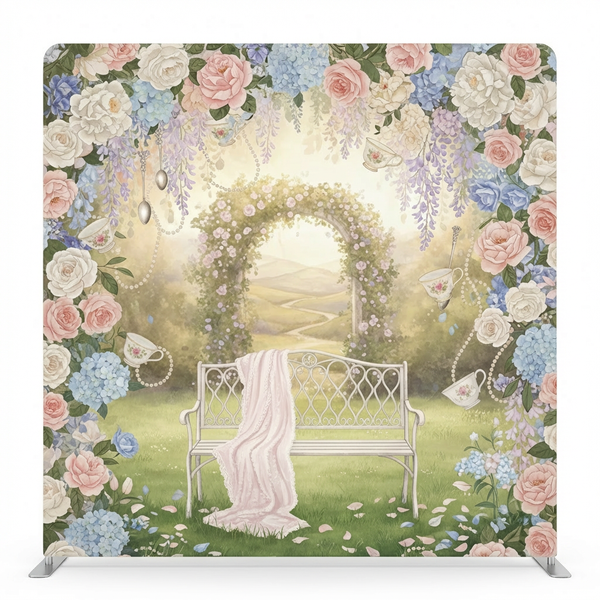 Whimsical tea garden pillowcover backdrop by True Backdrops, featuring a colorful floral design for photography or decor.