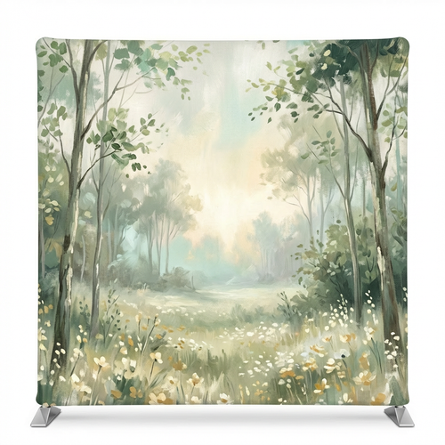 Morning Mist Meadow Pillowcover Backdrop by True Backdrops, featuring a floral pattern with soft pastel tones and natural meadow scenery.
