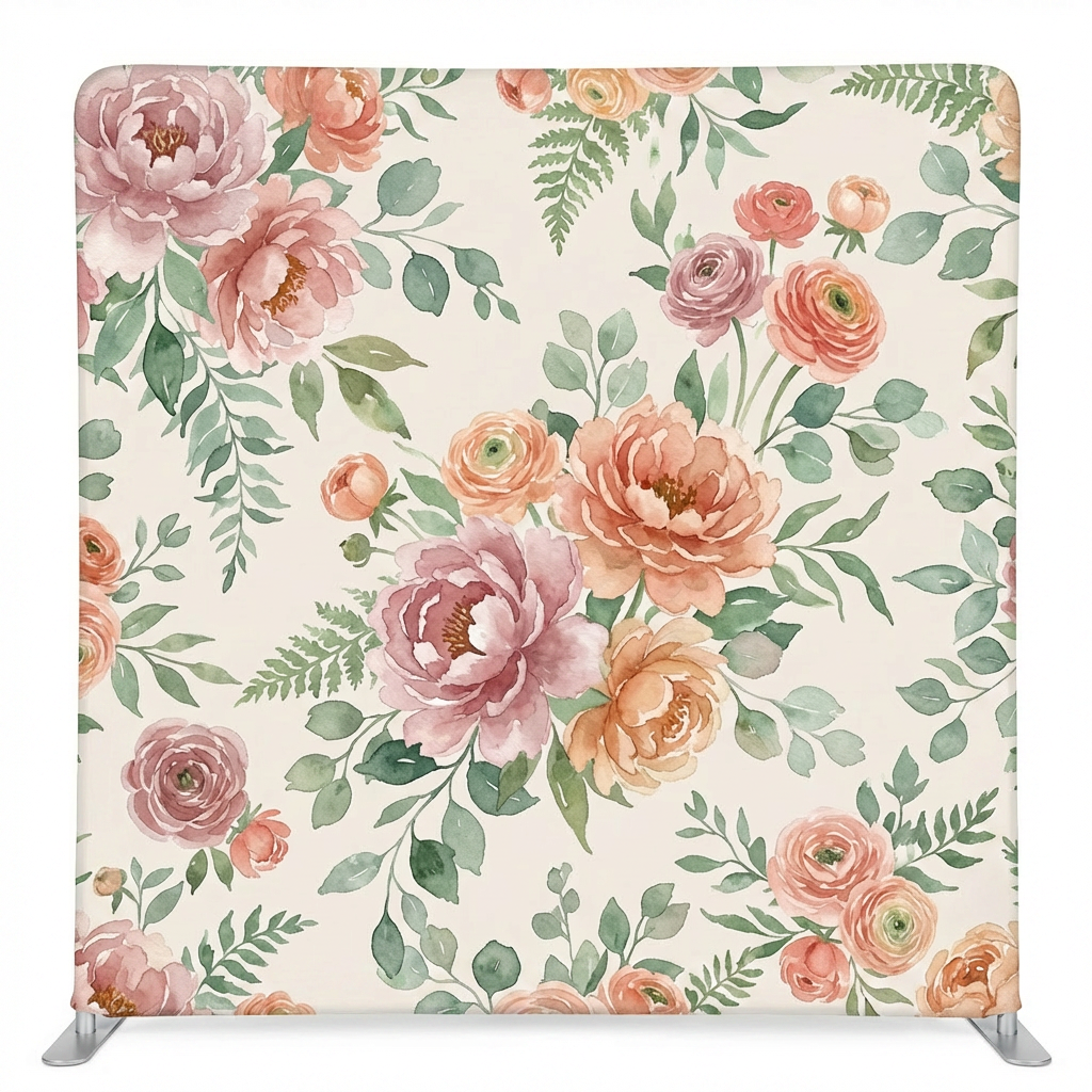 April Meadow double-sided pillowcover backdrop by True Backdrops, featuring floral and pastel design, displayed in framed view.