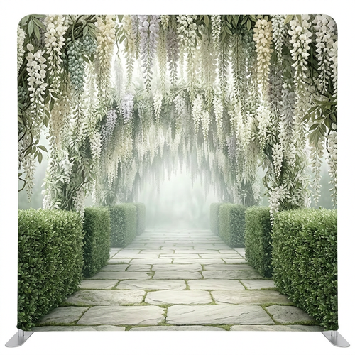 Wisteria Path at Dawn pillowcover backdrop from True Backdrops, showing a soft pastel wisteria flower scene on fabric.