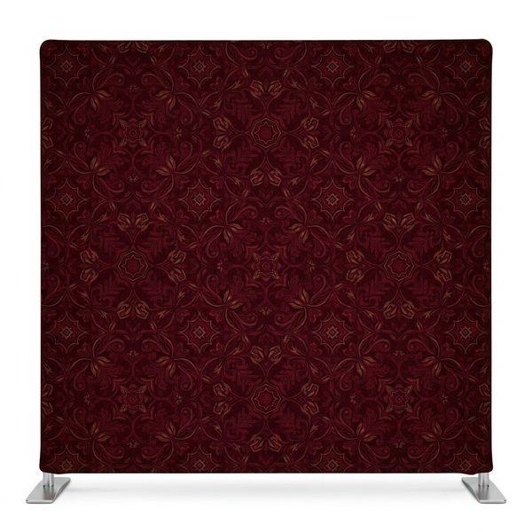 Crimson heirloom pillowcover backdrop with framed design, featuring rich red fabric and decorative patterns for elegant decor.