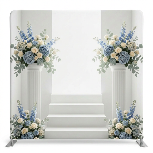 Ethereal-themed Pillowcover Backdrop by True Backdrops featuring a soft, celestial design with a stairway motif in pastel tones.