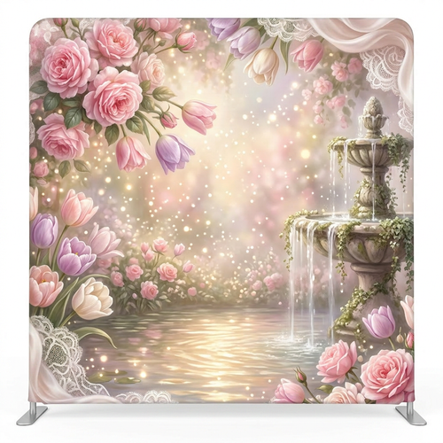 Ethereal garden fountain pillowcover backdrop with floral and fountain design for photography or decorative display