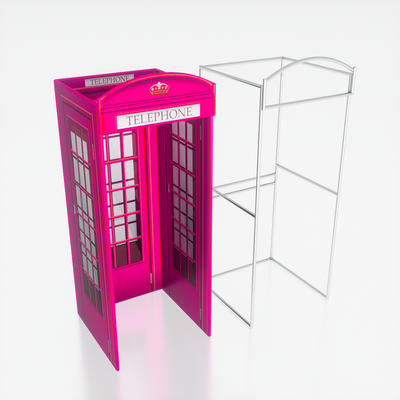 Close-up of a sleek black phone booth enclosure by True Backdrops with clear glass panels and modern design.