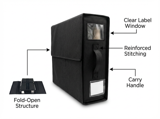 True Backdrops backdrop storage organizer set with four fabric sleeves for easy, organized backdrop storage and handling.