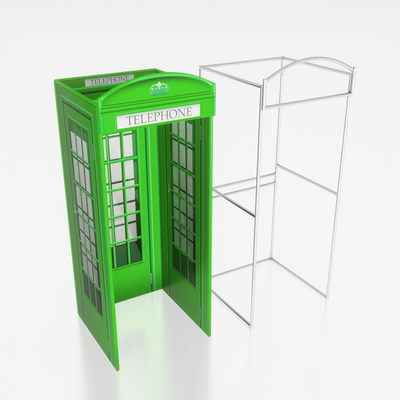Modern phone booth enclosure by True Backdrops with glass panels and sleek metal frame, suitable for private calls.