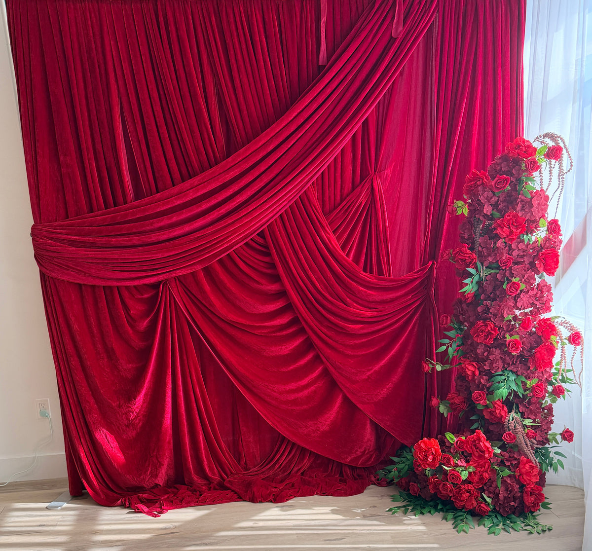 Pre-pleated velvet drapery backdrop with pole pocket by True Backdrops, featuring rich fabric and elegant pleats for seamless hanging.