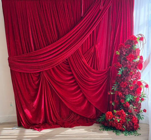 Pre-pleated velvet drapery backdrop with pole pocket by True Backdrops, showcasing rich velvet fabric and pleated design.