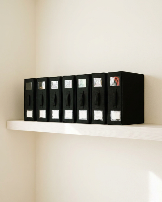 Four True Backdrops backdrop storage organizers with clear compartments for easy organization of photography backdrops.
