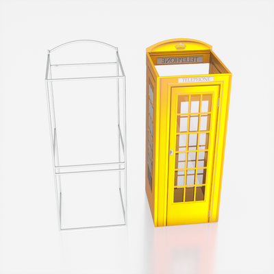 Close-up of a modern phone booth enclosure by True Backdrops with frosted glass panels and sleek metal framing.