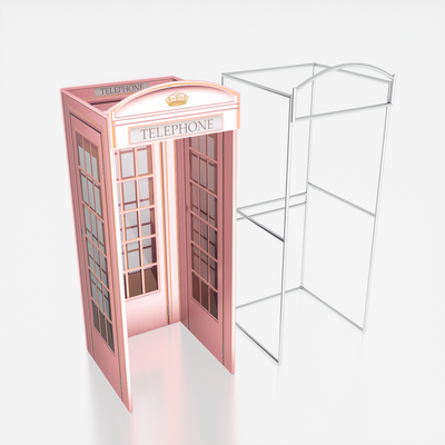 Clear view of a phone booth enclosure by True Backdrops, featuring sleek glass panels and modern metal frame.