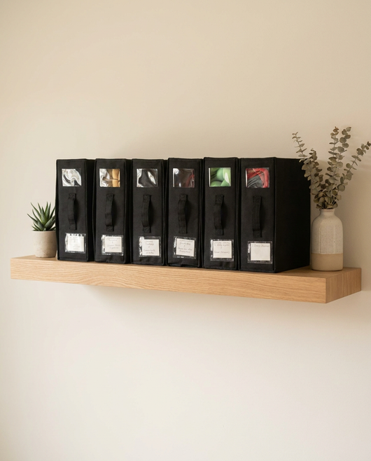 Set of four True Backdrops backdrop storage organizers with clear plastic pockets for easy organization and protection of backdrops.