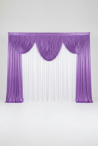 Pre-swagged drapery backdrop with pole pocket from True Backdrops, showing soft fabric with pleats and a pole pocket at the top.