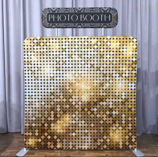 Tension fabric header title display by True Backdrops showing a sleek fabric backdrop with customizable header text for events or displays.
