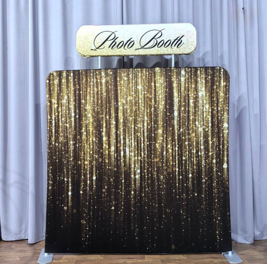 Tension fabric header title display by True Backdrops showing a sleek, custom-printed fabric banner with vibrant colors and smooth surface.