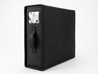 Four True Backdrops backdrop storage organizers in black, featuring fabric compartments for easy backdrop organization.