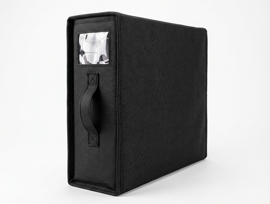 Four True Backdrops backdrop storage organizers in black, featuring fabric compartments for easy backdrop organization.