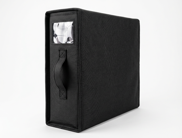 Four True Backdrops backdrop storage organizers in black, featuring fabric compartments for easy backdrop organization.