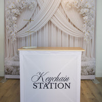 RecycleDisplay Keychain Station Fabric Pop Up Counter with sturdy frame and branded fabric surface for portable event displays.