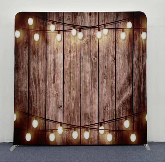 Wood and lights themed pillow cover backdrop by True Backdrops featuring wooden textures and string lights for cozy decor.