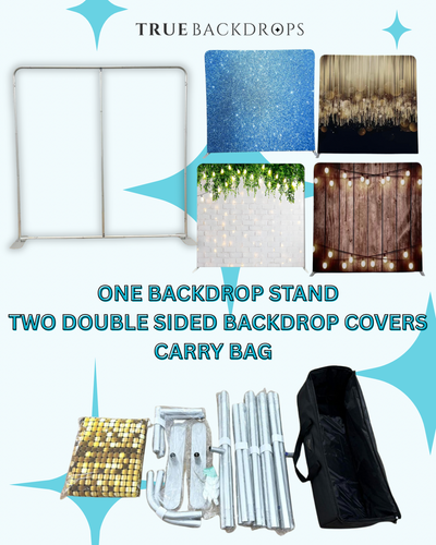 True Backdrops frame with two double-sided tension fabric covers, ideal for versatile photography backgrounds.