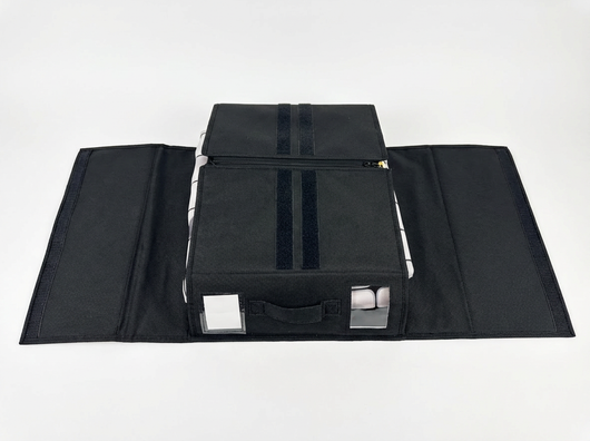 Four-pack True Backdrops backdrop storage organizers with compartments for easy, tidy organization of photography backdrops.