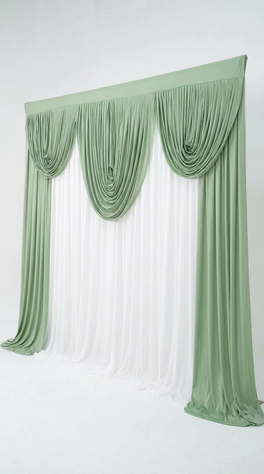 Pre-swagged drapery backdrop with pole pocket by True Backdrops, featuring elegant fabric and easy hanging setup.