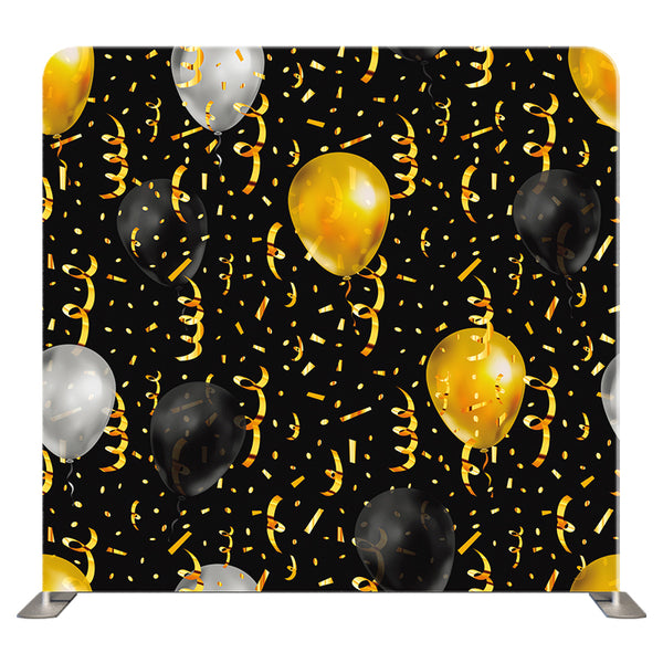 Double-sided Golden Celebration pillow cover backdrop with balloons, perfect for festive events and photo backgrounds.