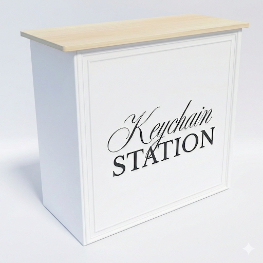 RecycleDisplay Keychain Station Fabric Pop Up Counter setup with fabric panels and display accessories.