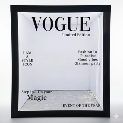 Magazine front cover photo booth backdrop by True Backdrops featuring a vibrant, professional magazine cover design.