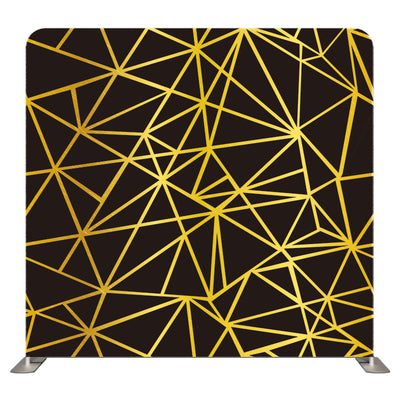 Double-sided geometric pillow cover backdrop with gold and black patterns, ideal for photography or decorating spaces.