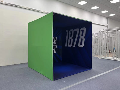 3D photo booth backdrop in a room scene, premium 8x8x8 enclosure by RecycleDisplay for 3D photography sessions