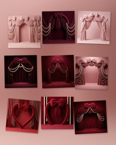 Valentine Bows double-sided pillowcover backdrop from True Backdrops with festive red and pink bow designs.