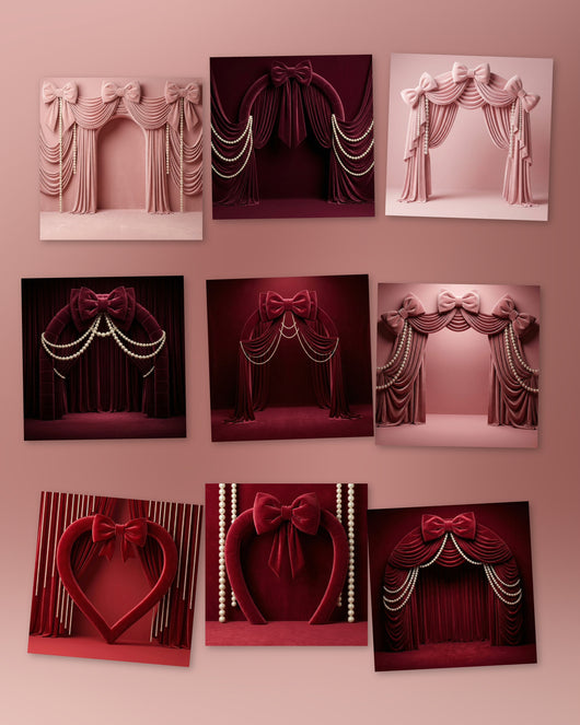 Valentine Bows double-sided pillowcover backdrop from True Backdrops with festive red and pink bow designs.