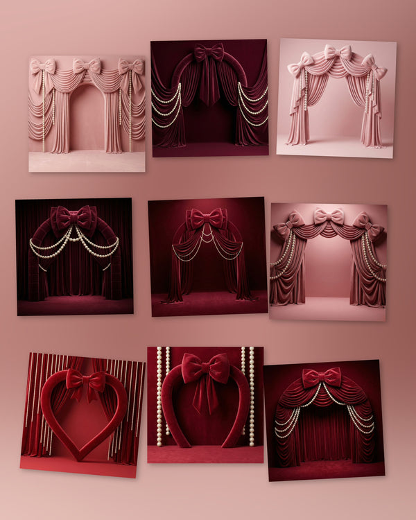 Valentine Bows double-sided pillowcover backdrop from True Backdrops with festive red and pink bow designs.