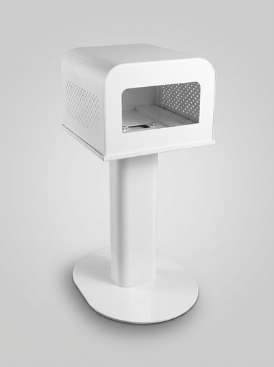 DS620 printer stand by True Backdrops, sturdy black metal frame with adjustable shelves for professional printing equipment.